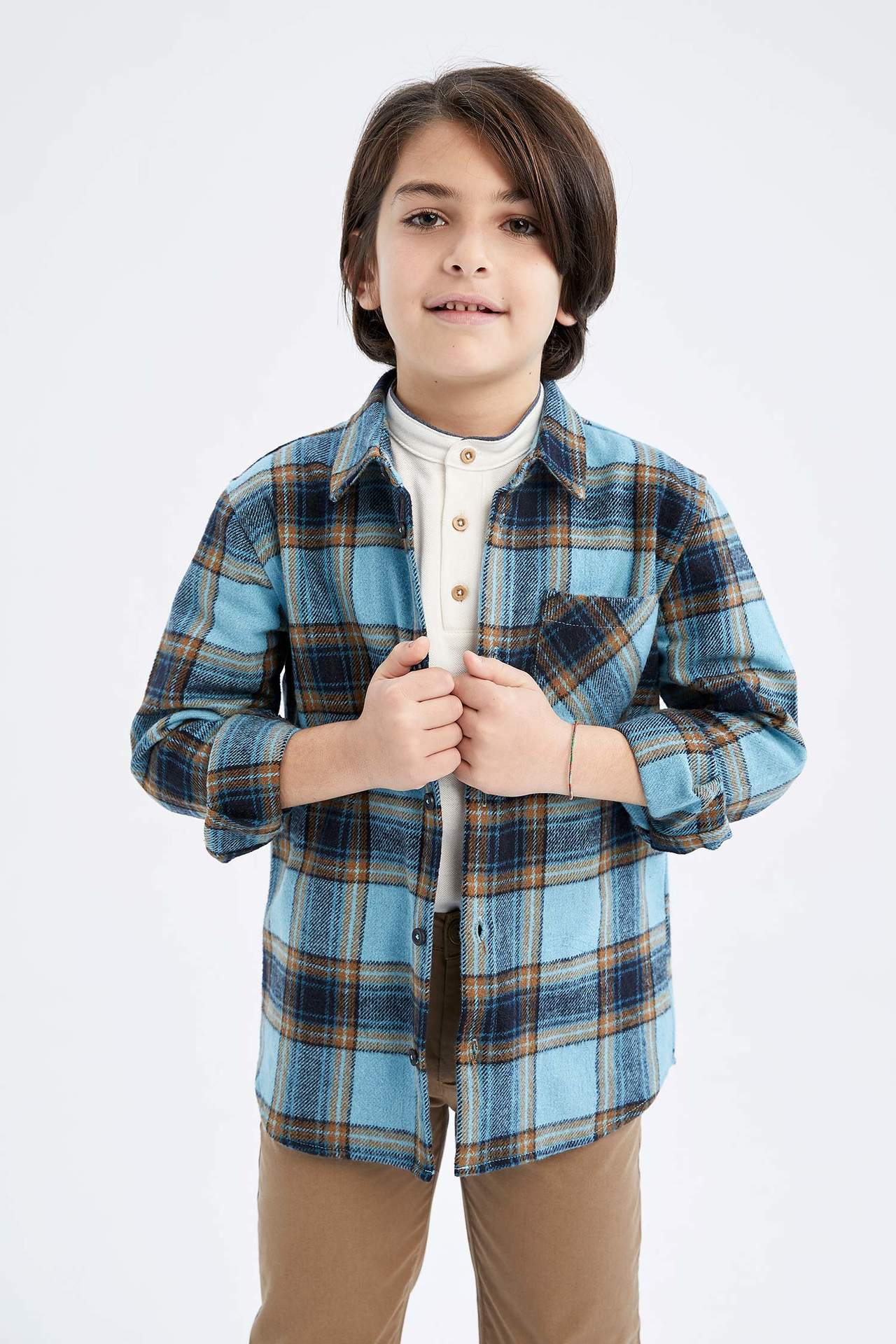 Levně DEFACTO Boy Regular Fit Polo Neck Flannel Long Sleeve Shirt