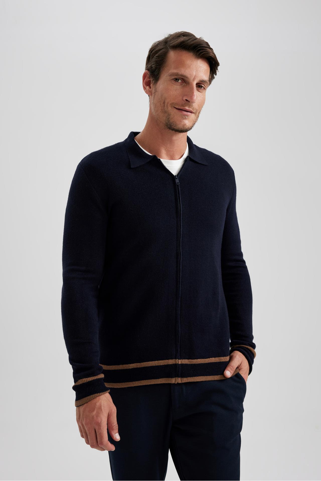 Levně DEFACTO Standard Fit Polo Collar Cardigan