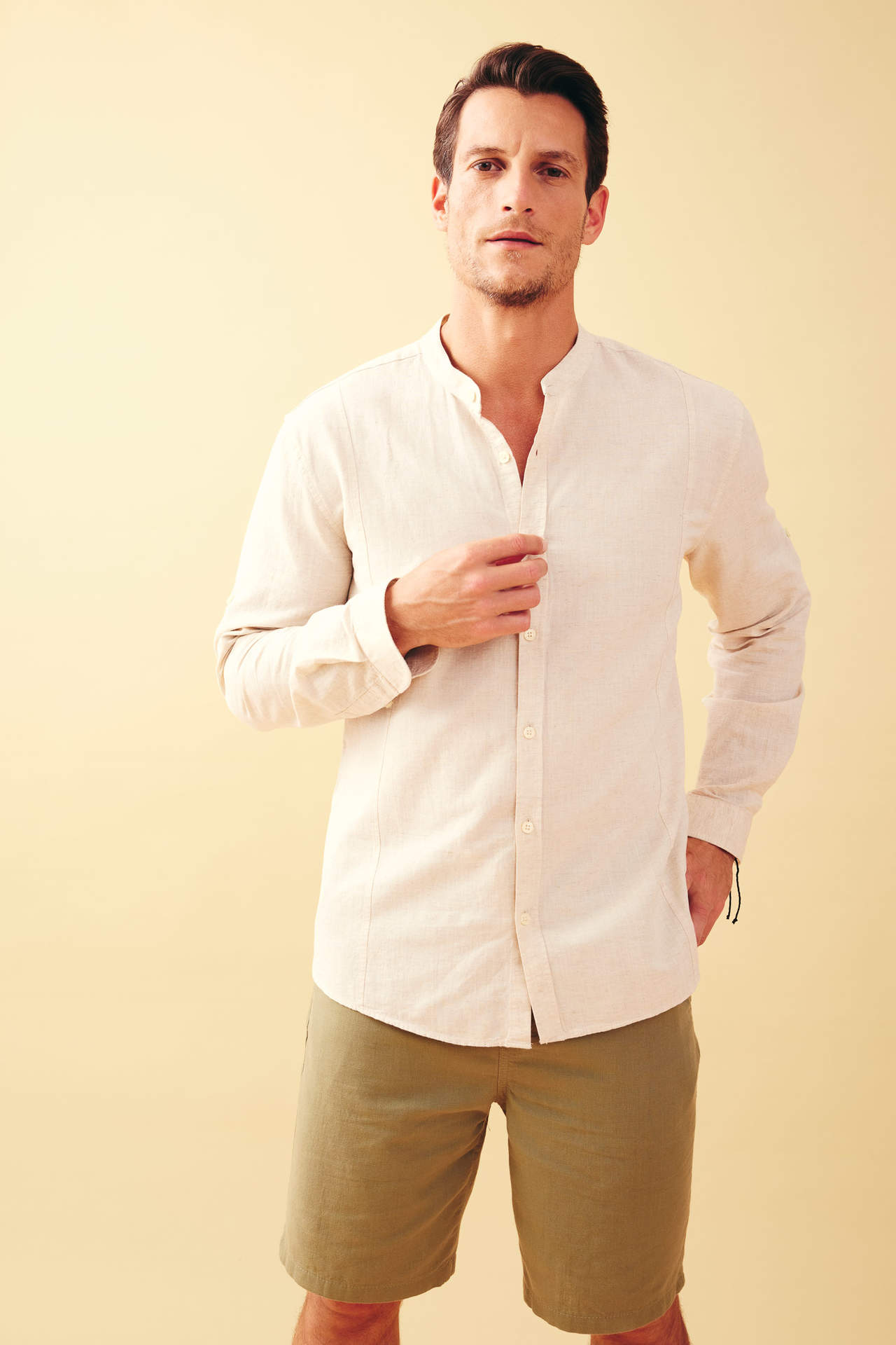 Levně DEFACTO Modern Fit Straight Collar Long Sleeve Linen Blend Shirt