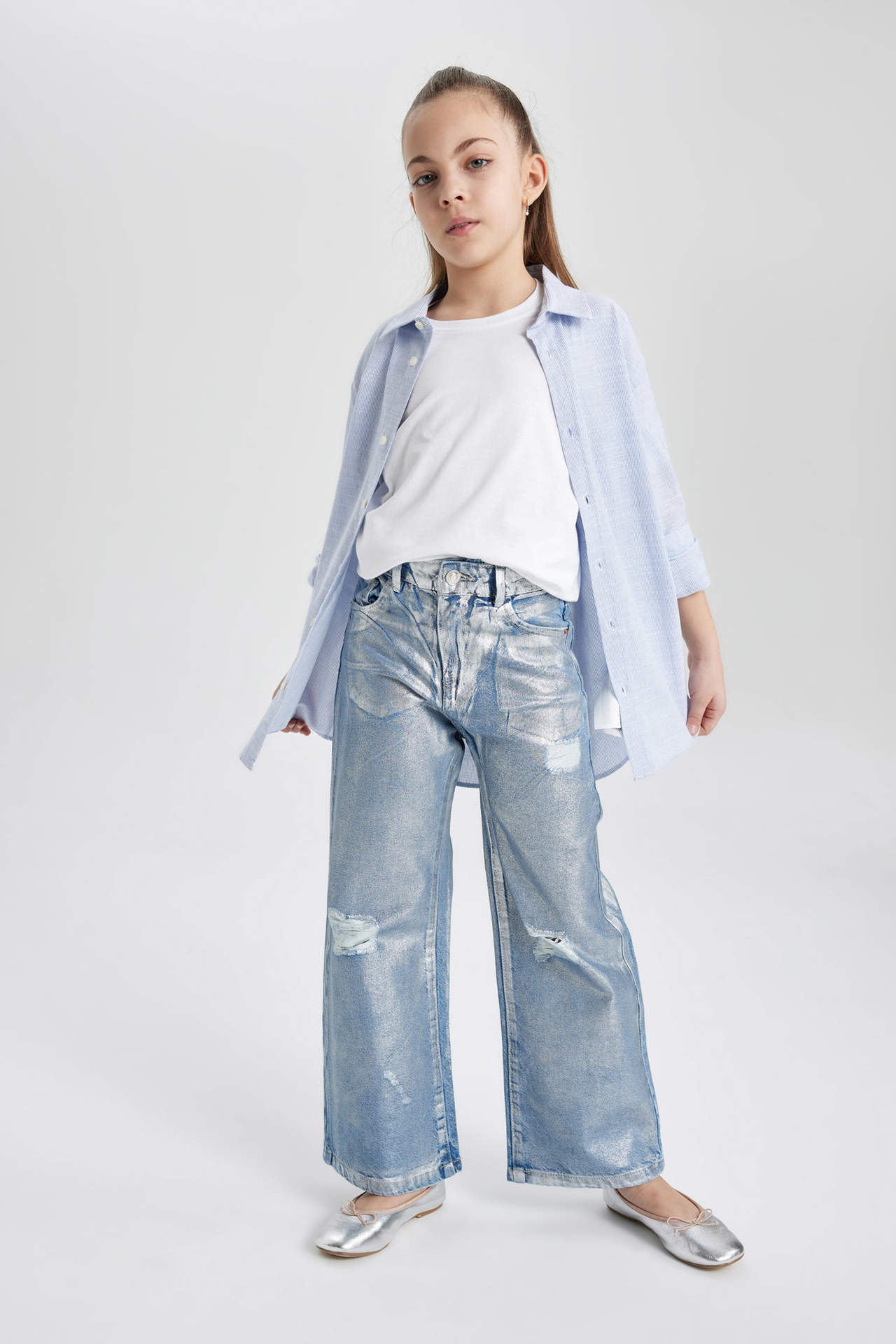 Levně DEFACTO Girl Wide Leg Ripped Detailed Trousers