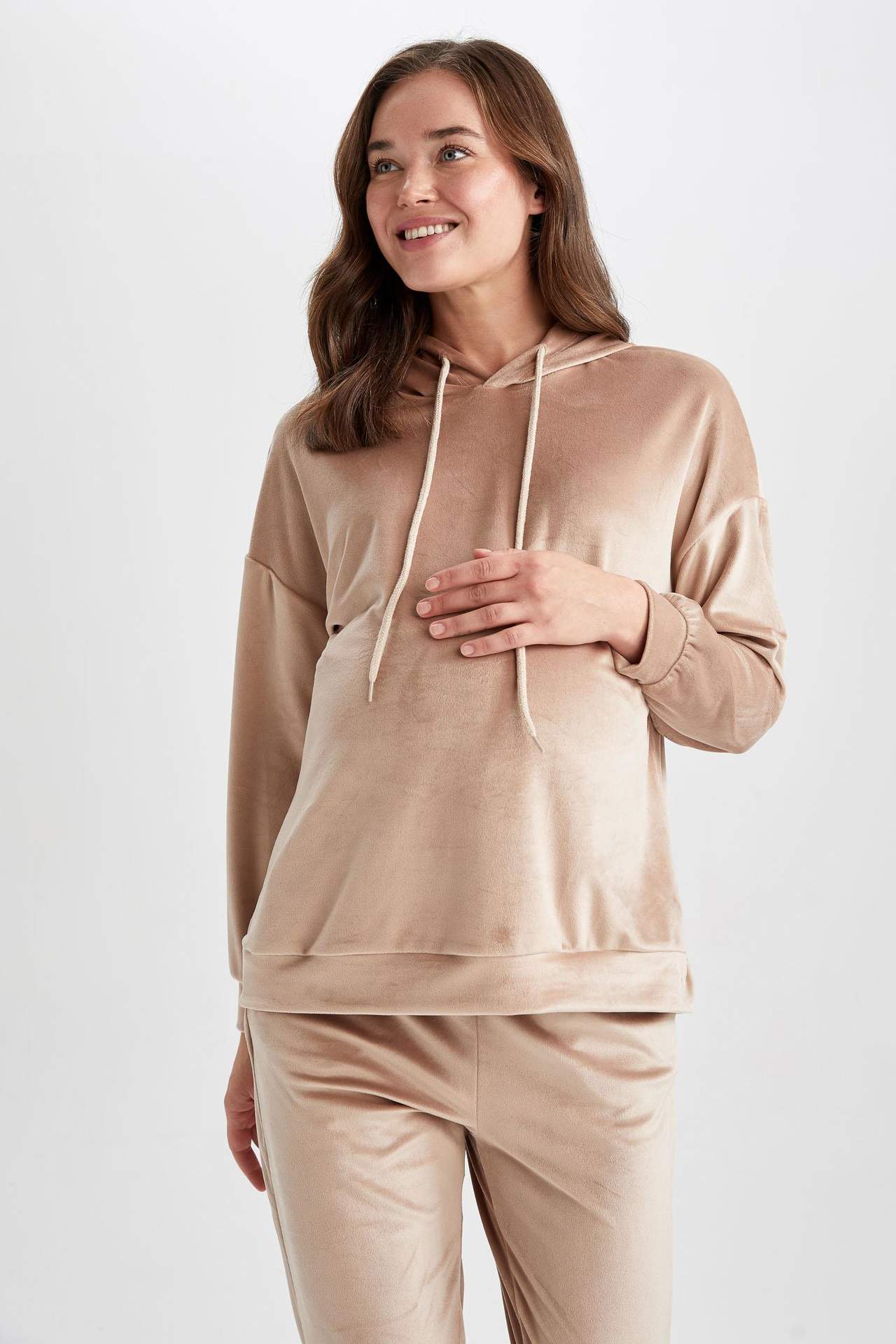 DEFACTO Hooded Velvet Maternity Sweatshirt with Flounce Sleeves