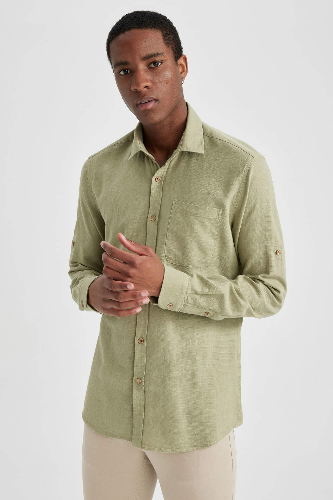DEFACTO Slim Fit Basic Linen Look Long Sleeve Shirt