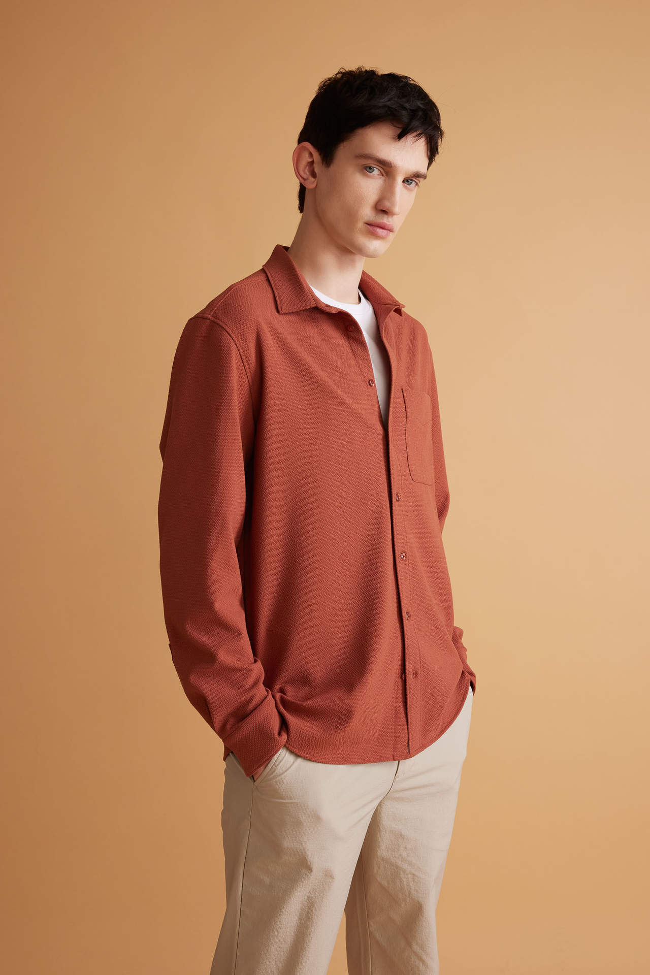 DEFACTO Regular Fit Polo Collar Crinkle Long Sleeve Shirt