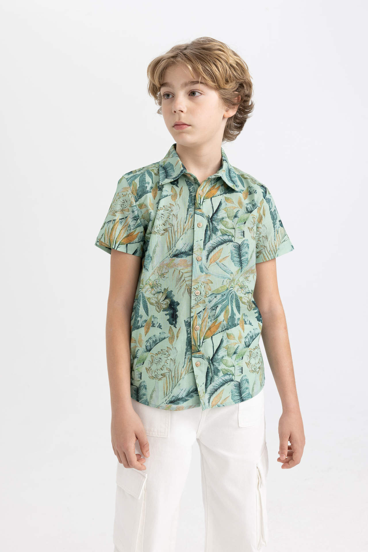 DEFACTO Boy Polo Neck Linen Look Patterned Short Sleeve Shirt