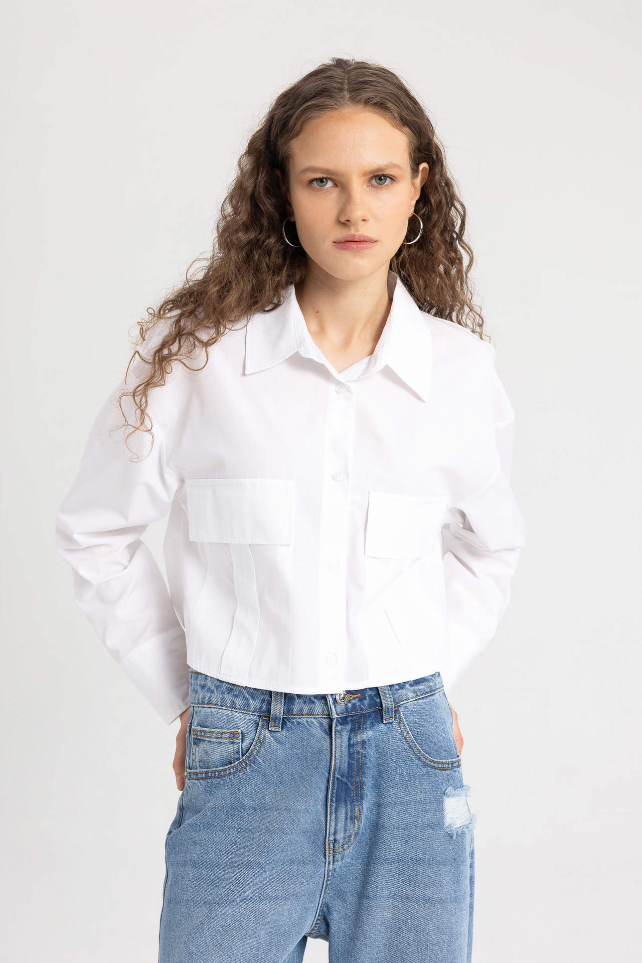 DEFACTO Crop Shirt Collar Poplin Long Sleeve Shirt