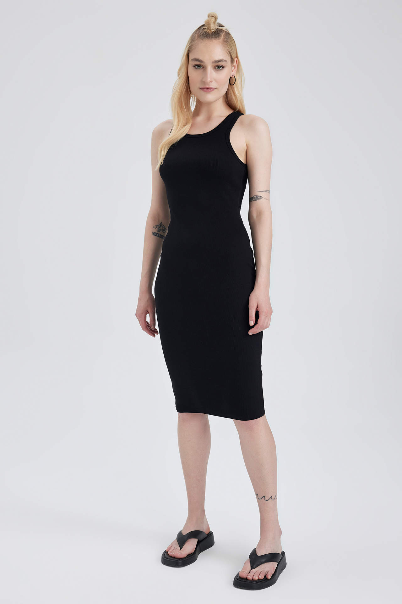 DEFACTO Bodycon Basic Halter Neck Cotton Midi Dress