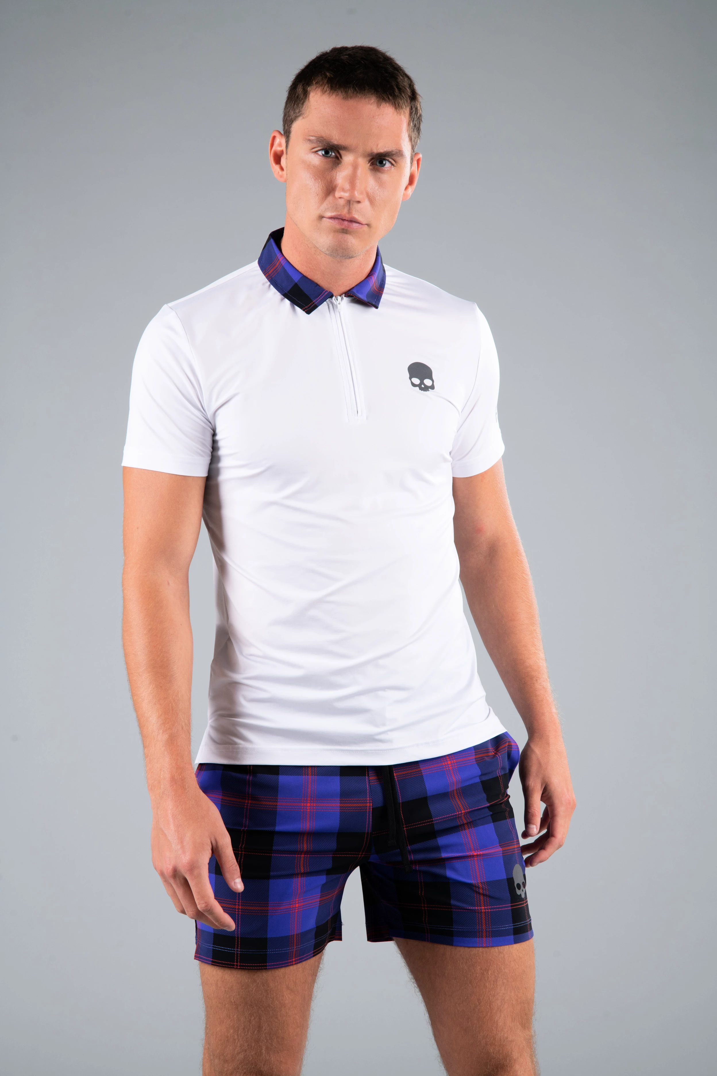 Men's T-Shirt Hydrogen Tartan Zipped Tech Polo White (Purple/Black) L