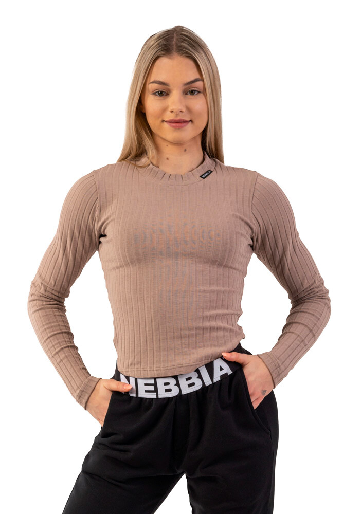 Women's T-Shirt Nebbia Organic Cotton Ribbed Long Sleeve Top 415 Brown S