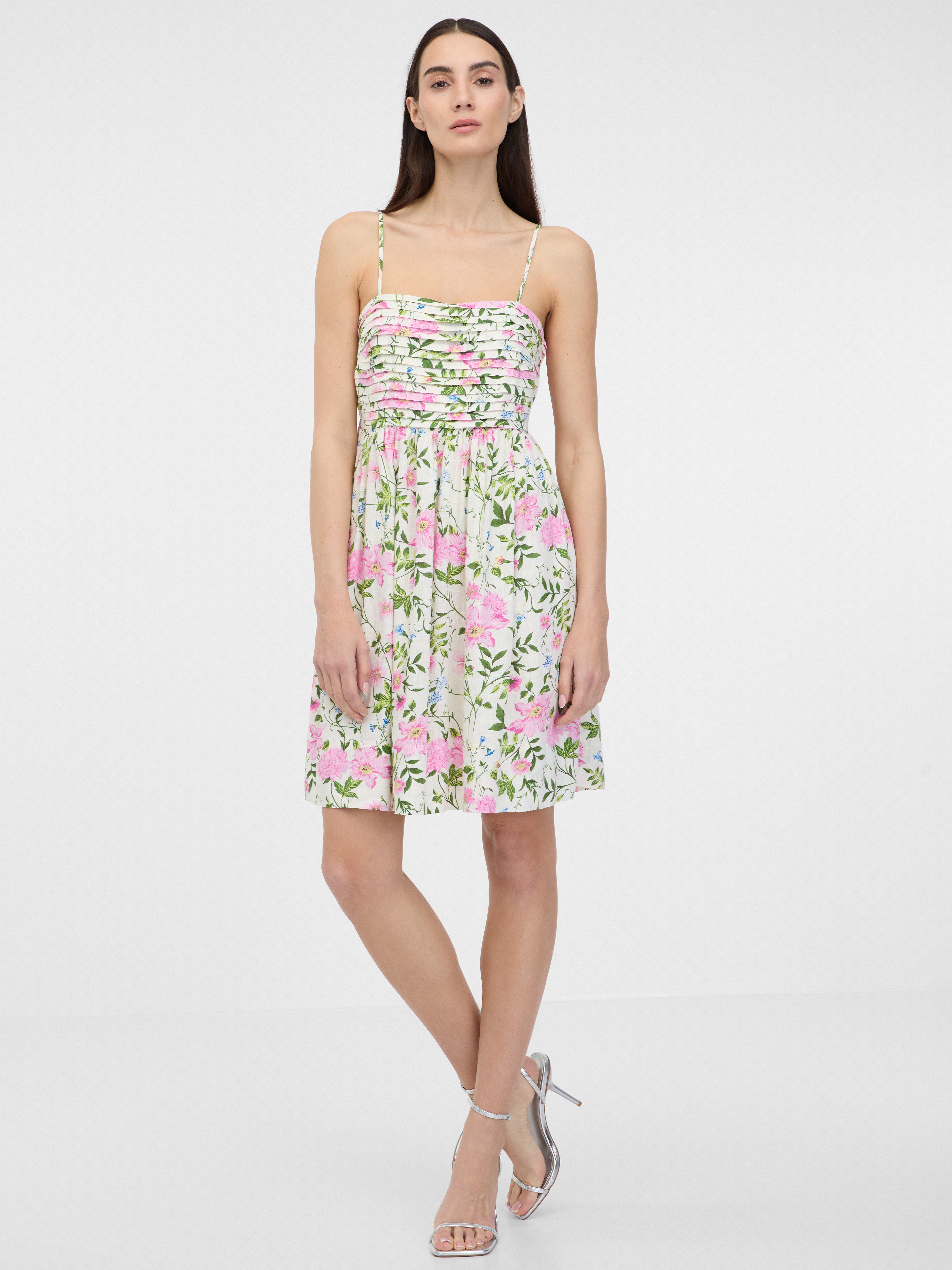 Creamy womens floral dress with linen blend ORSAY