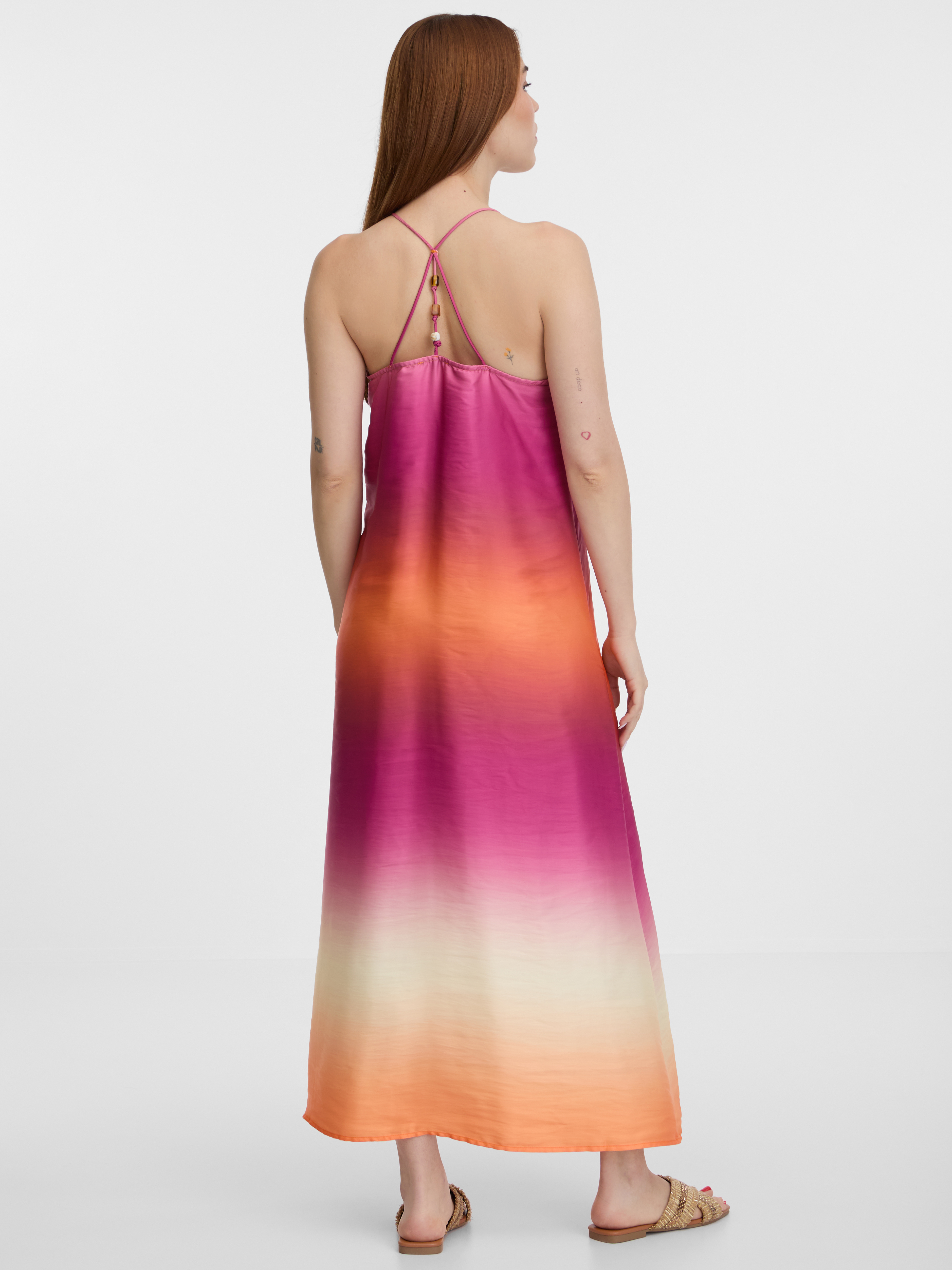 Women's orange-pink satin maxi dress ORSAY