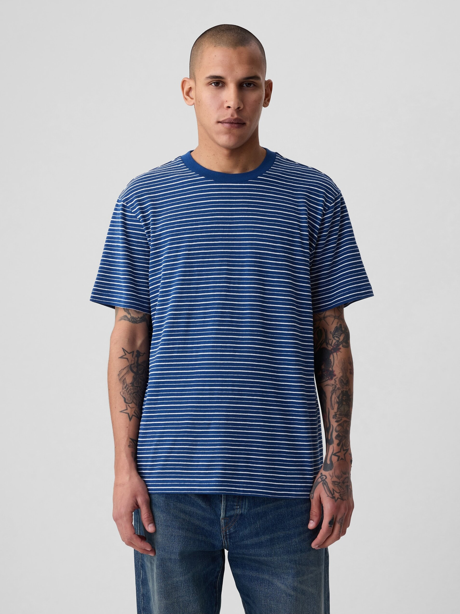 Navy Blue Men's Striped T-shirt GAP