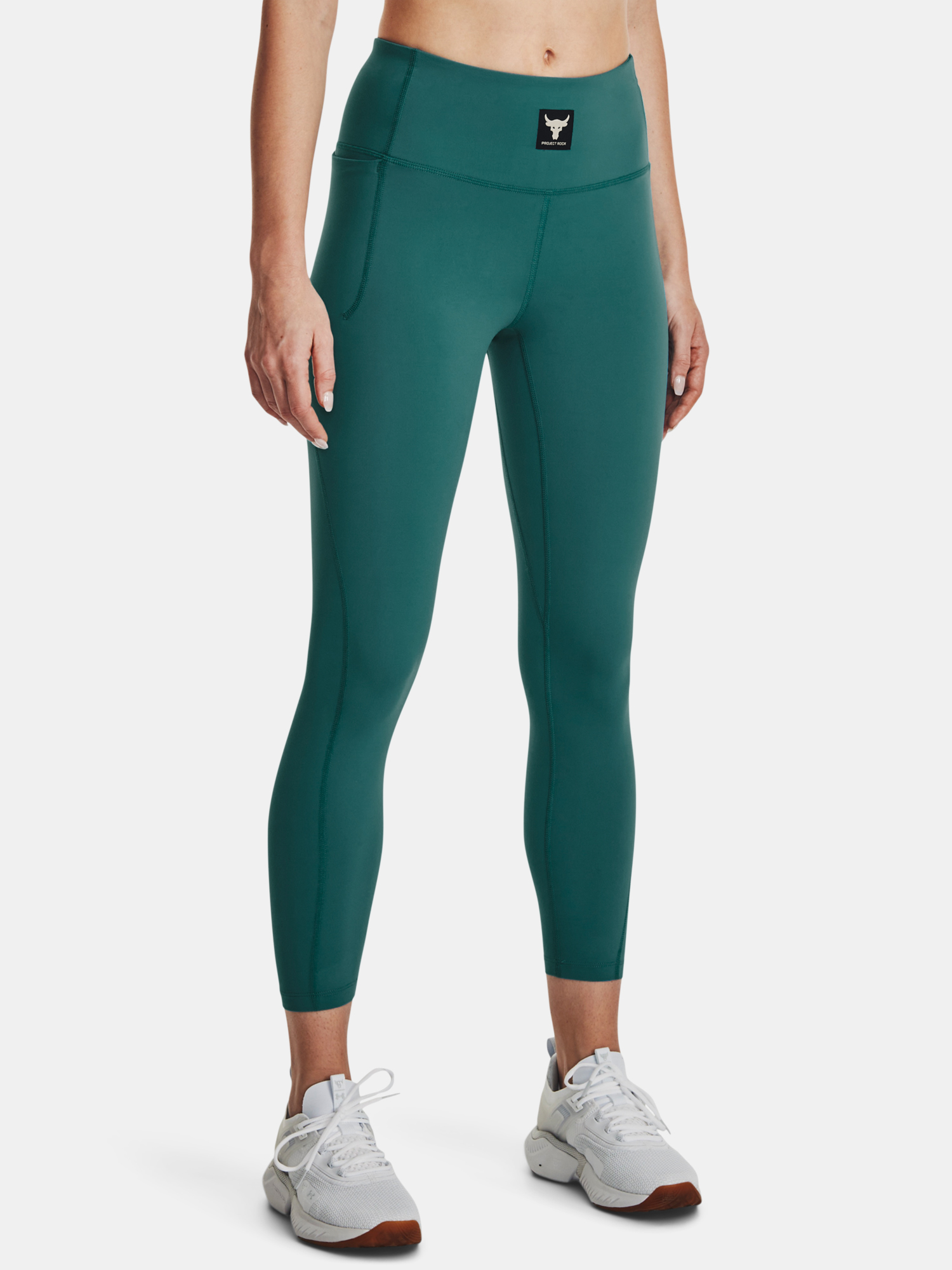 Levně Zelené dámské sportovní legíny Under Armour Project Rock Meridian Ankl Lgn