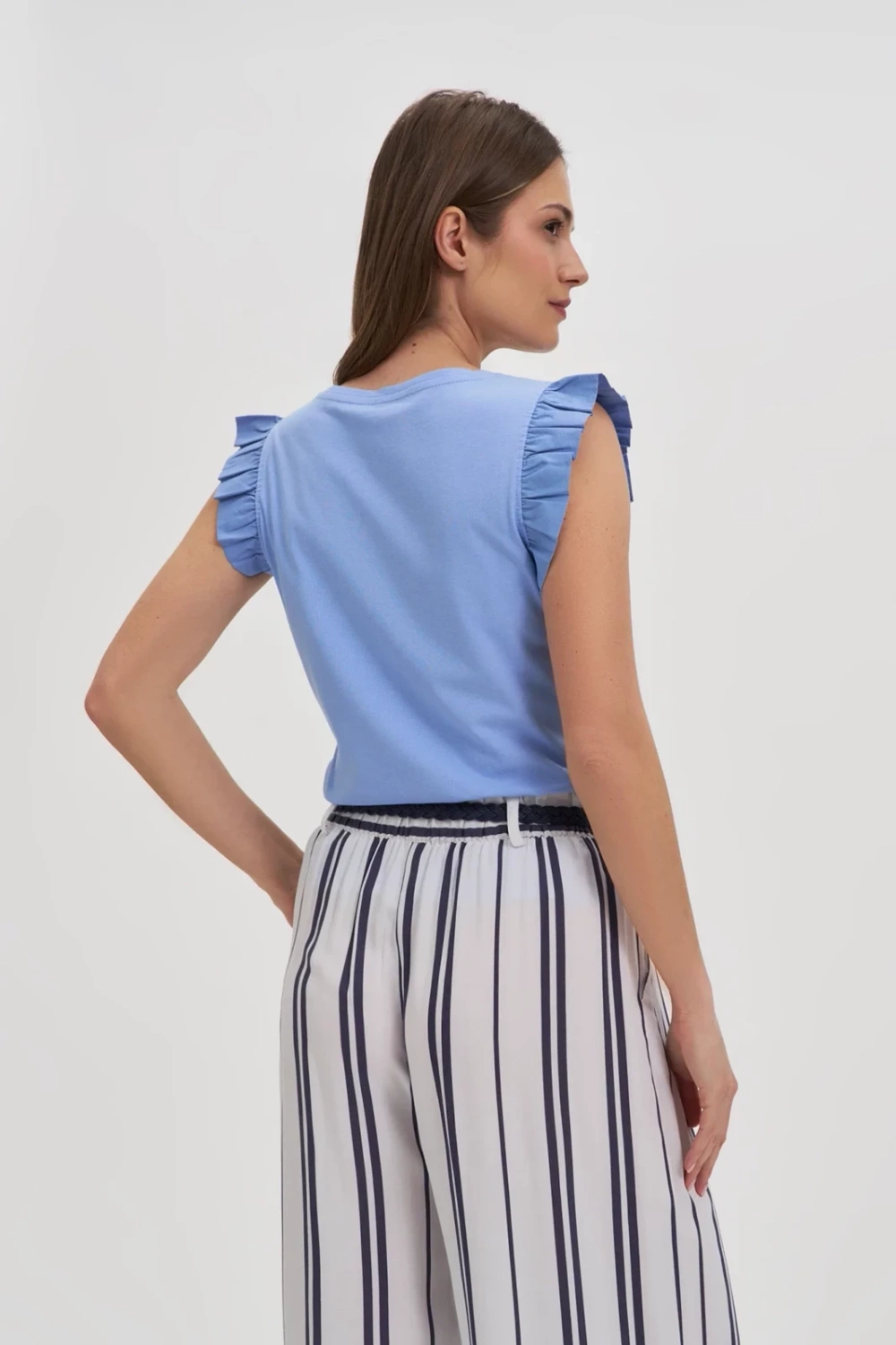 Marisse Sky Blue Blouse With Ruffles On The Shoulders