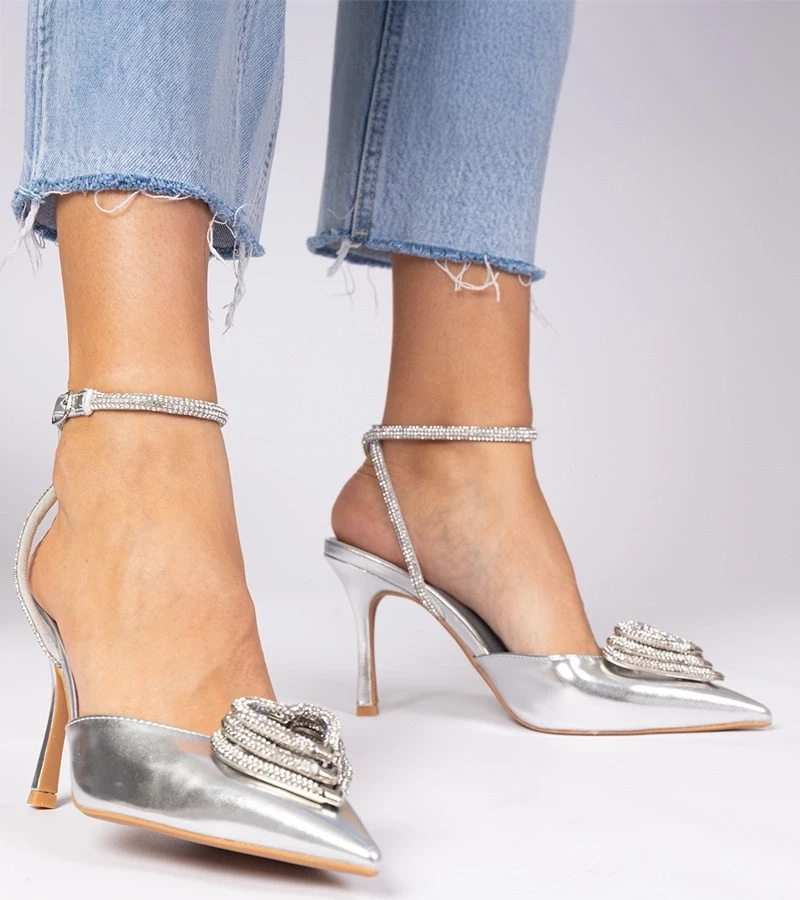 Gemre Pantofi cu toc argintii cu vârf deschis decorați cu zirconii Isoda