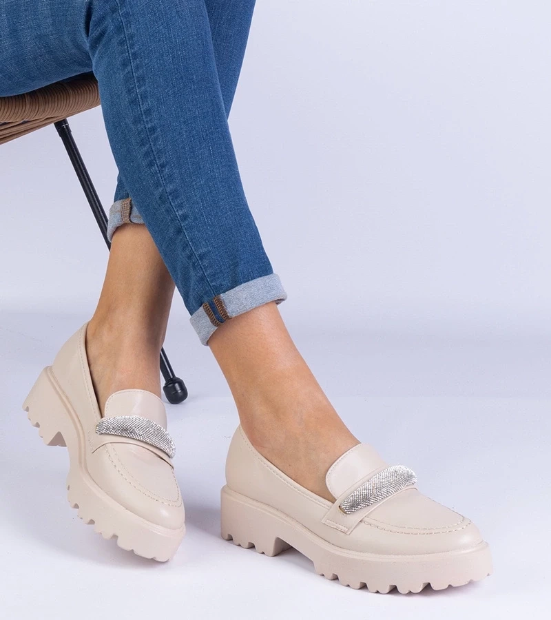 marka niezdefiniowana Beige women&#039;s loafers decorated with rhinestones Talentino