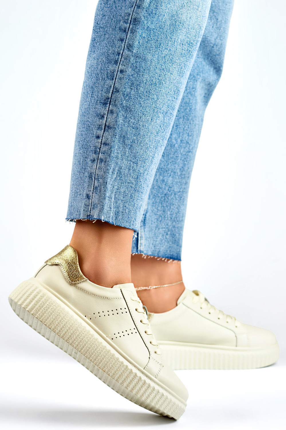 primohurt Beżowe buty sportowe damskie ze skóry naturalnej półbuty skórzane damskie