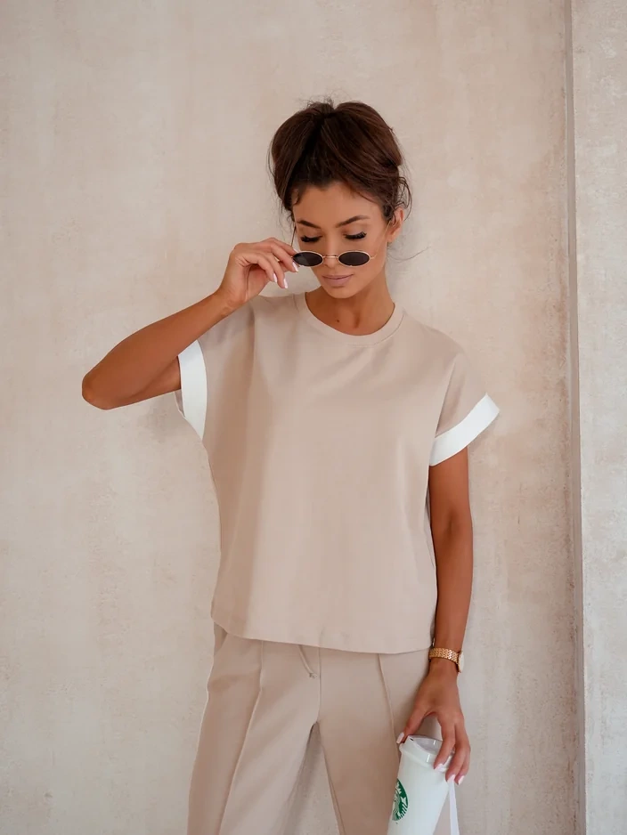 Resti Women's Cotton Set with Short Sleeves and Flared Pants