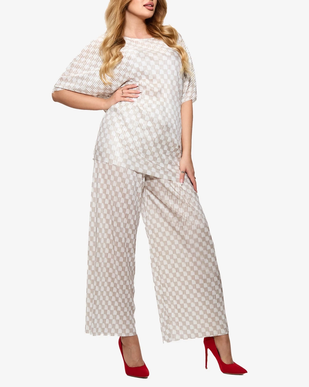 Resti Beige women's pleated patterned set - Clothing