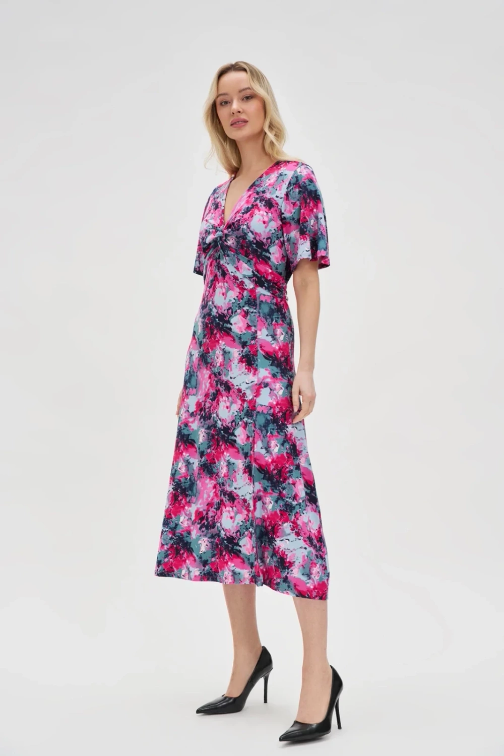 Marisse Patterned Fuchsia Dress With A Neckline