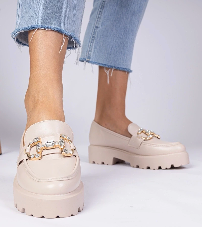 marka niezdefiniowana Beige elegant moccasins with rhinestones Zelda