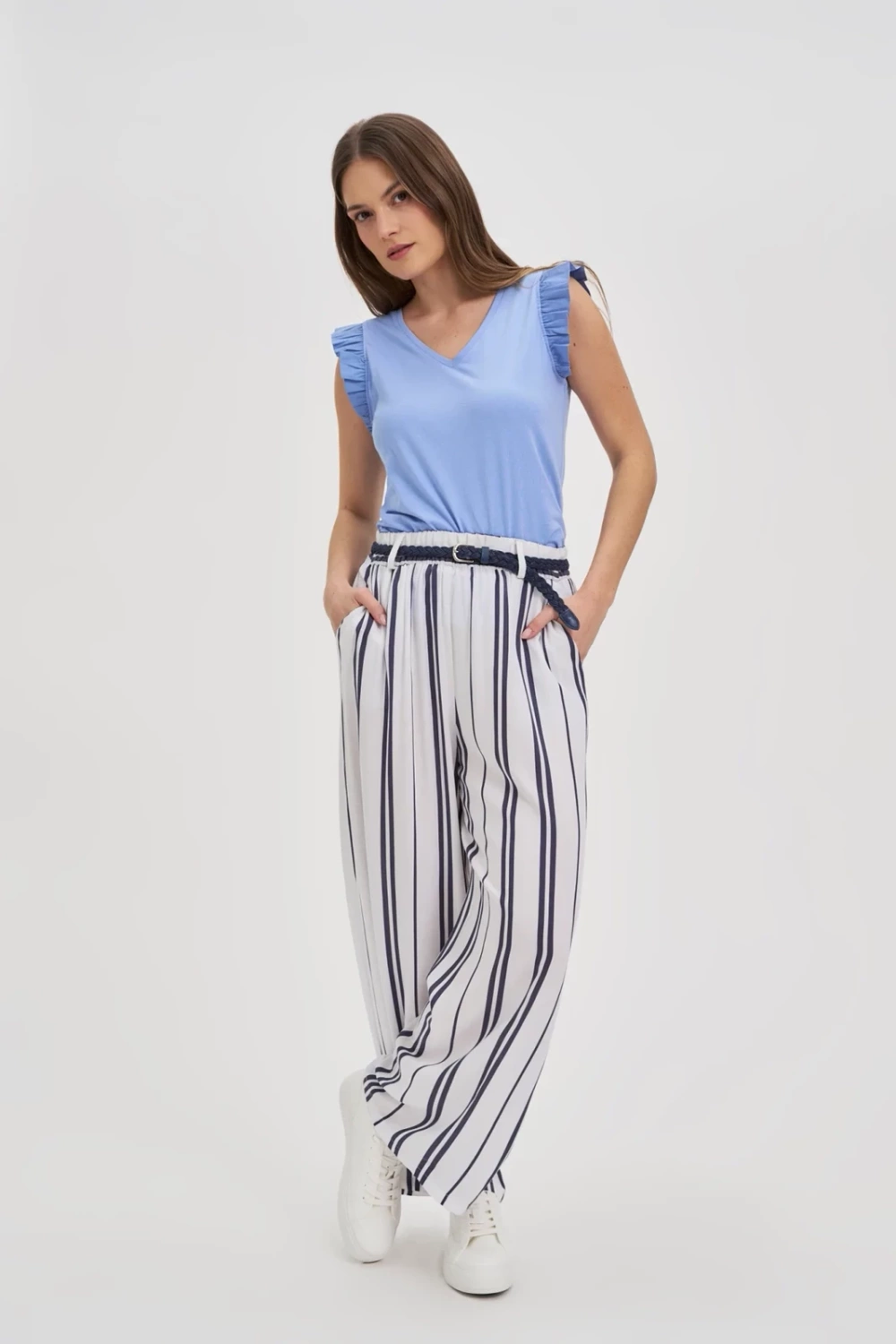 Marisse Sky Blue Blouse With Ruffles On The Shoulders