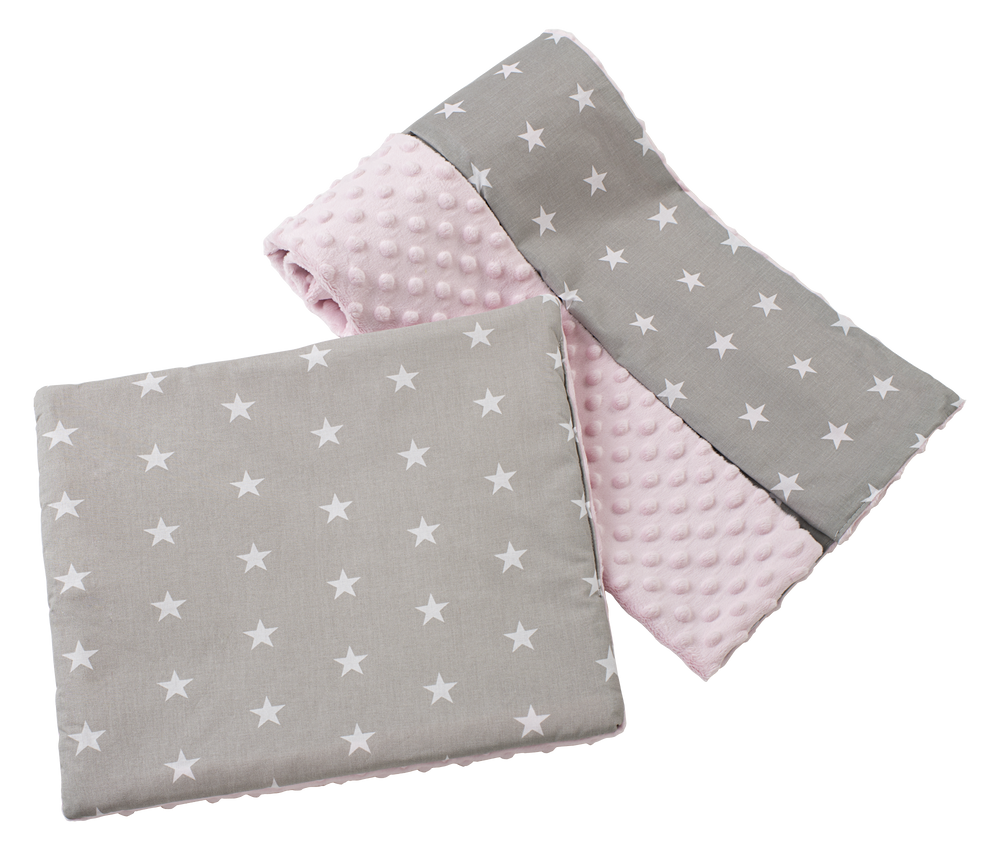 Medi Partners Quilt 75x100 + pillow 35x30 cotton + minky – White stars on gray + light pink minky