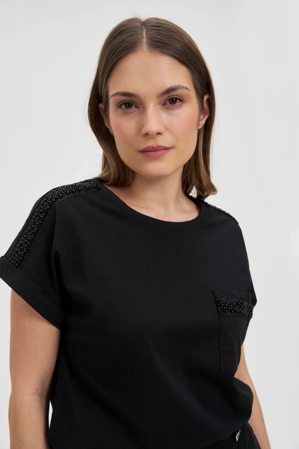 Marisse Cotton T-Shirt Decorated With Beads, Black