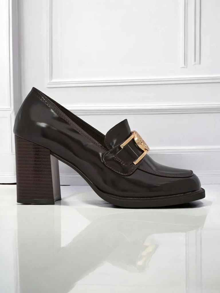 Resti Persephone Nero Women&#039;s Block Heel Loafers Eco Leather Gold Buckle