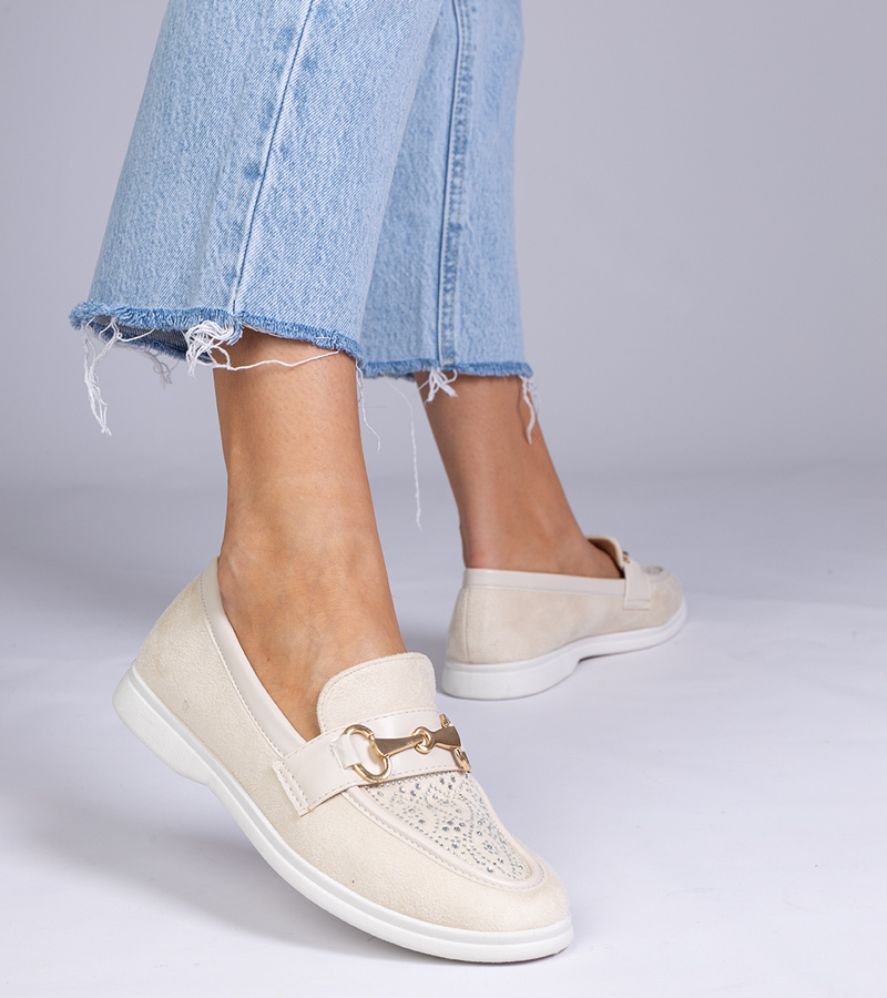 Gemre Mocasini bej din piele ecologică întoarsă cu strasuri Minilla