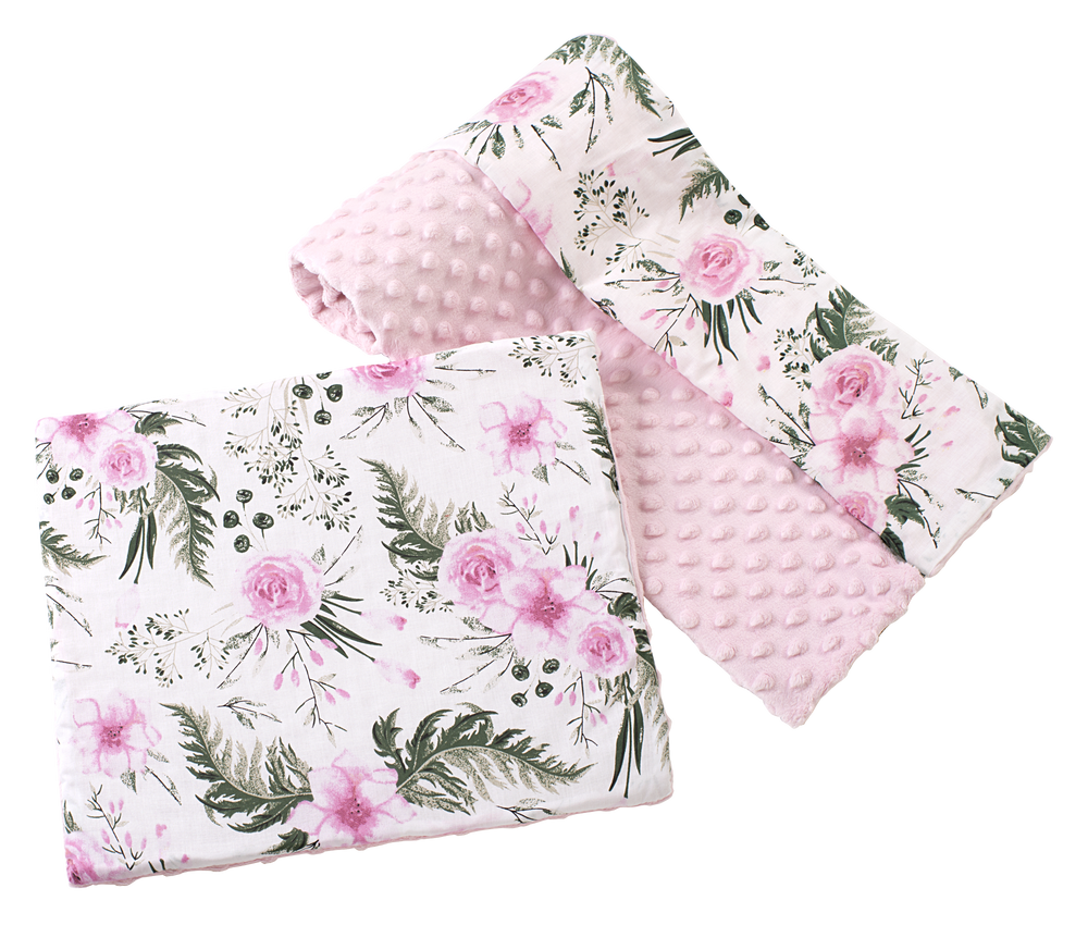 Medi Partners Quilt 75x100 + pillow 35x30 cotton + minky – Flowers + light pink minky