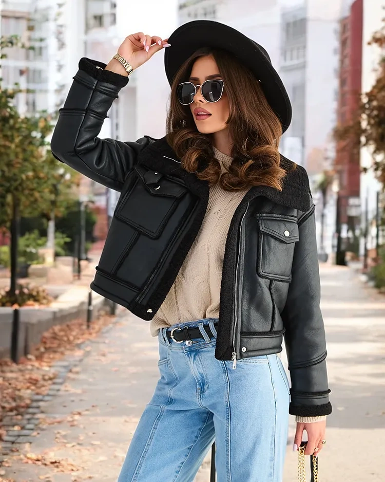 Resti Women's eco leather jacket with fur in black color