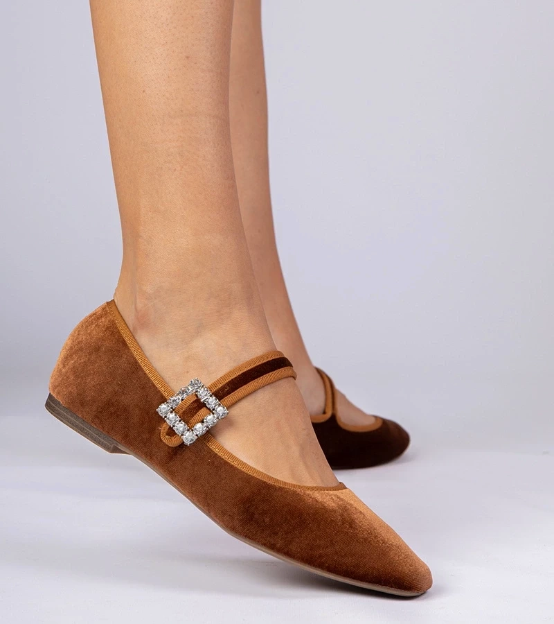 marka niezdefiniowana Brown velvet women's ballet flats with buckle Kvitta