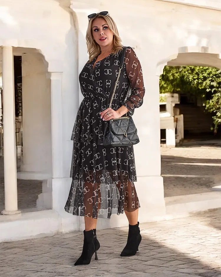 Resti Black mesh midi dress with print