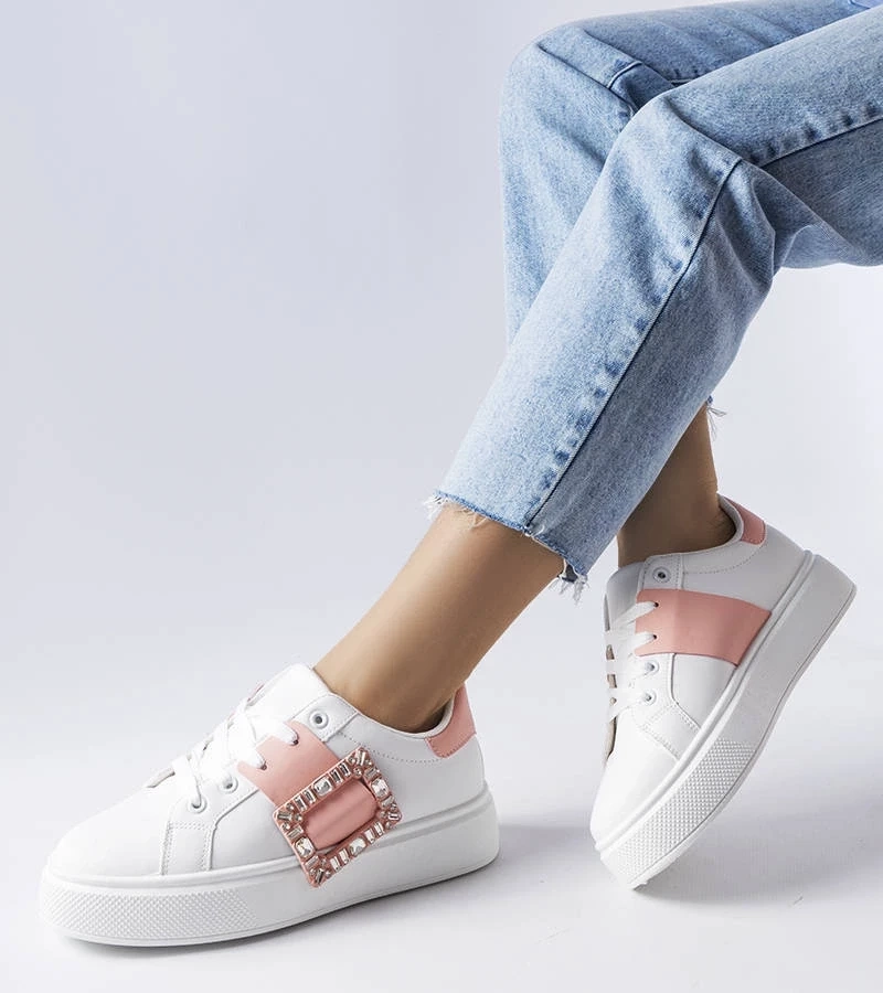 Gemre Adidași albi înfrumusețați cu o cataramă Ike roz