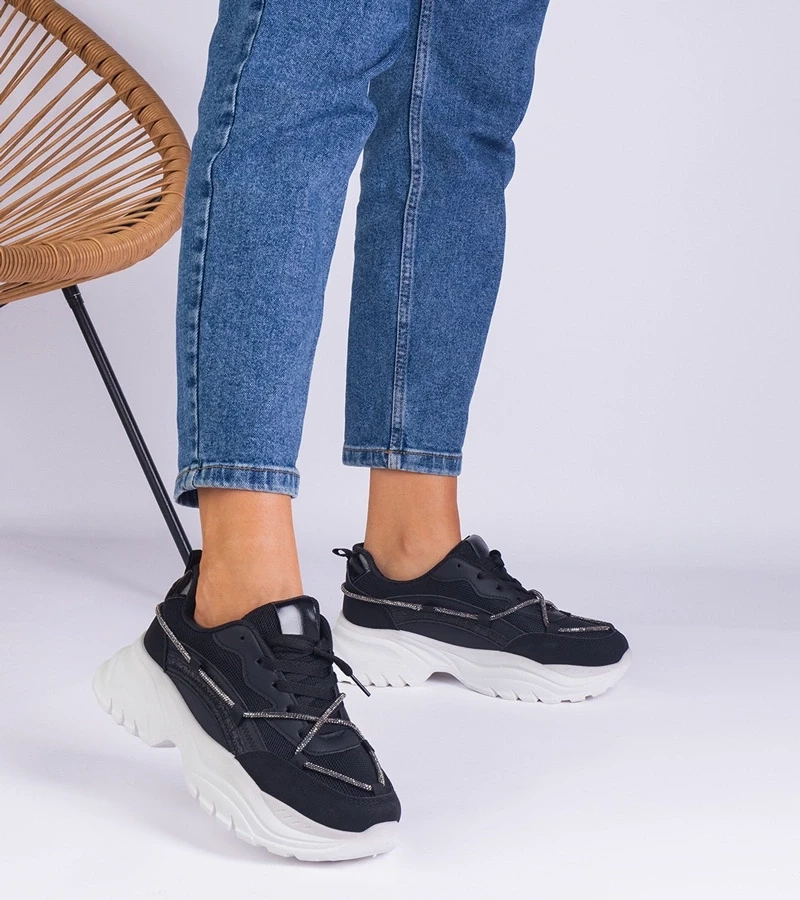 Gemre Adidași negri de damă decorați cu șnur cu zirconiu Masala