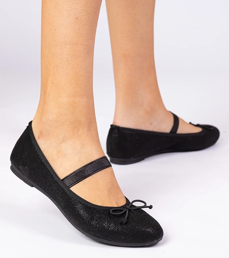 marka niezdefiniowana Black women's ballet flats with bow on elastic Lerona