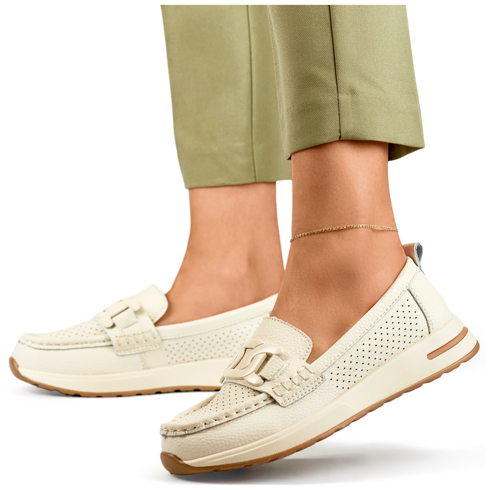 primohurt Wygodne skórzane mokasyny damskie beżowe ażurowe półbuty damskie ze skóry naturalnej