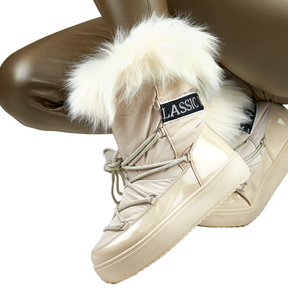 primohurt Śniegowce wysokie beżowe damskie buty ocieplane z futerkiem