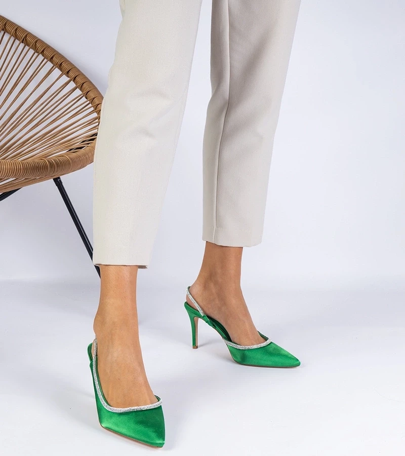 Gemre Pantofi verzi din satin cu toc, cu pietre strălucitoare și călcâi deschis Mrozzi
