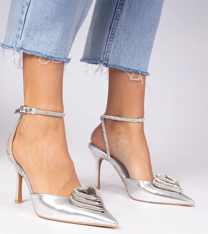 Gemre Pantofi cu toc argintii cu vârf deschis decorați cu zirconii Isoda