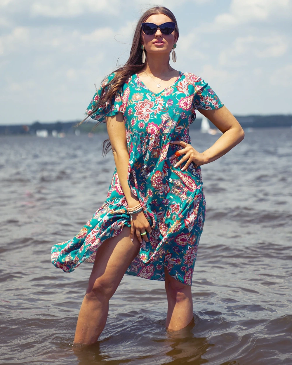 Resti Green women's dress with colorful floral pattern
