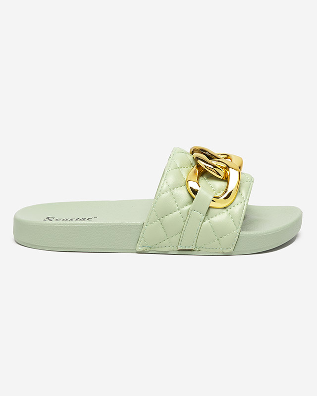 Resti Women&#039;s green quilted slippers with a gold chain Eteris - Footwear