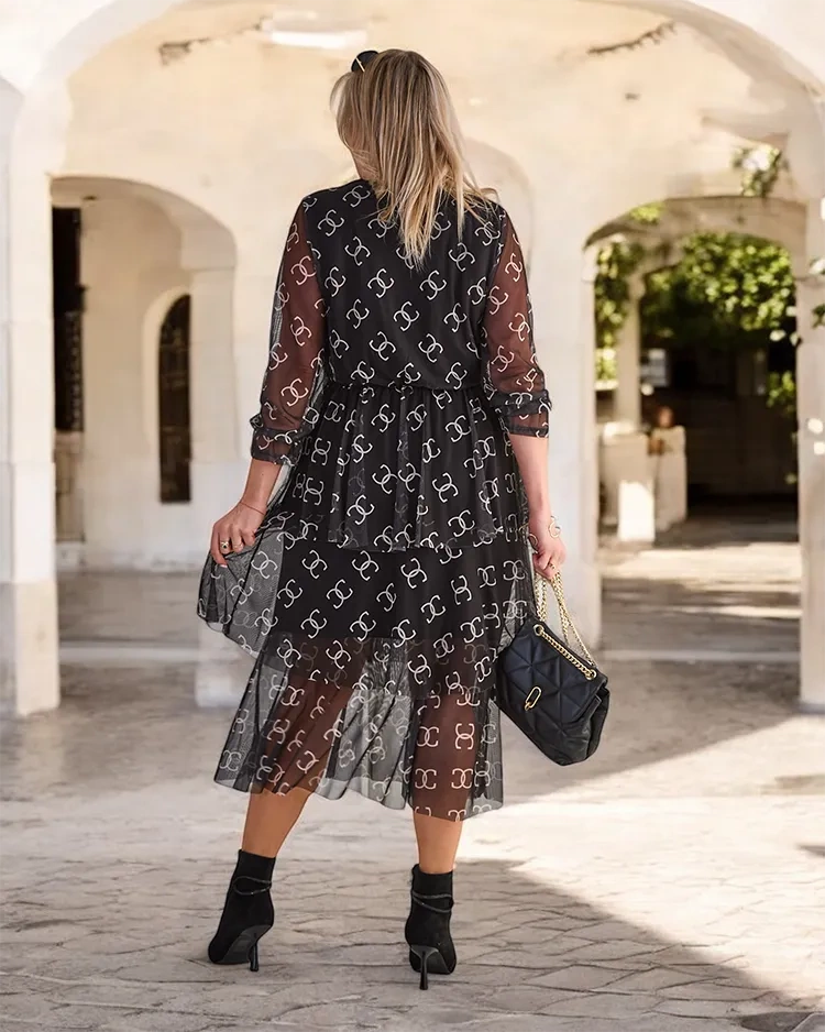Resti Black mesh midi dress with print