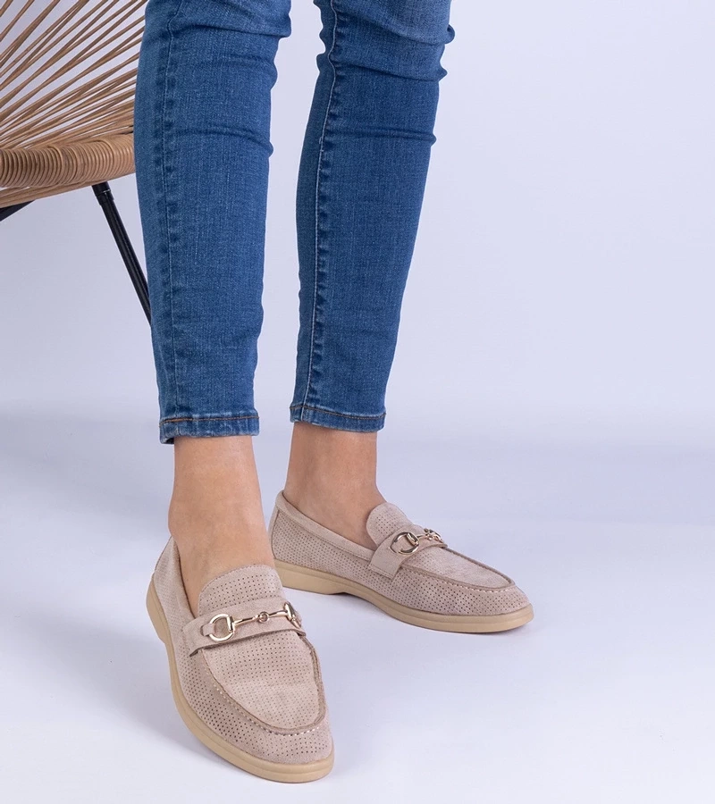 marka niezdefiniowana Brown eco-suede loafers with decorative perforation and gold embellishment Versatto
