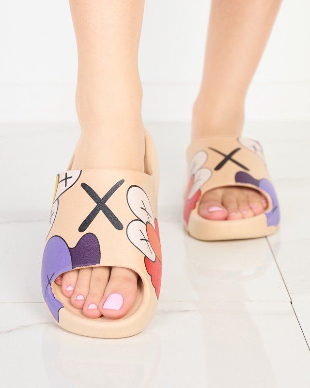 Бежови гумени дамски джапанки с щампа Pfizz