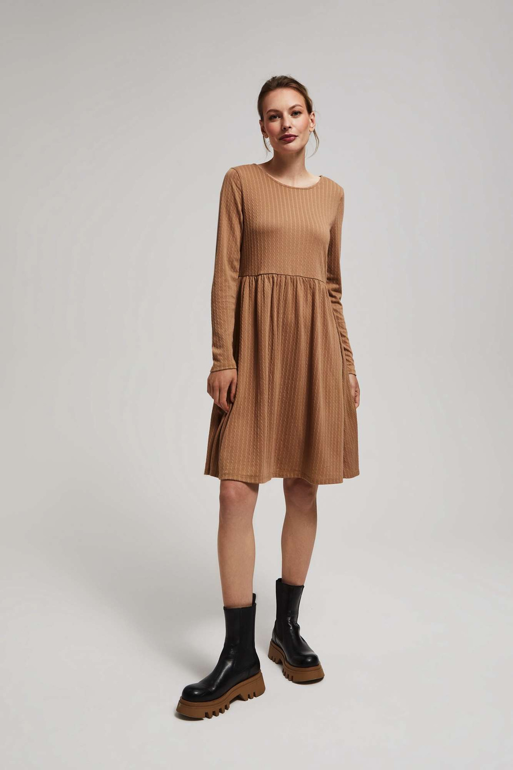 Marisse Dark Beige Dress With Long Sleeves And A Flared Bottom