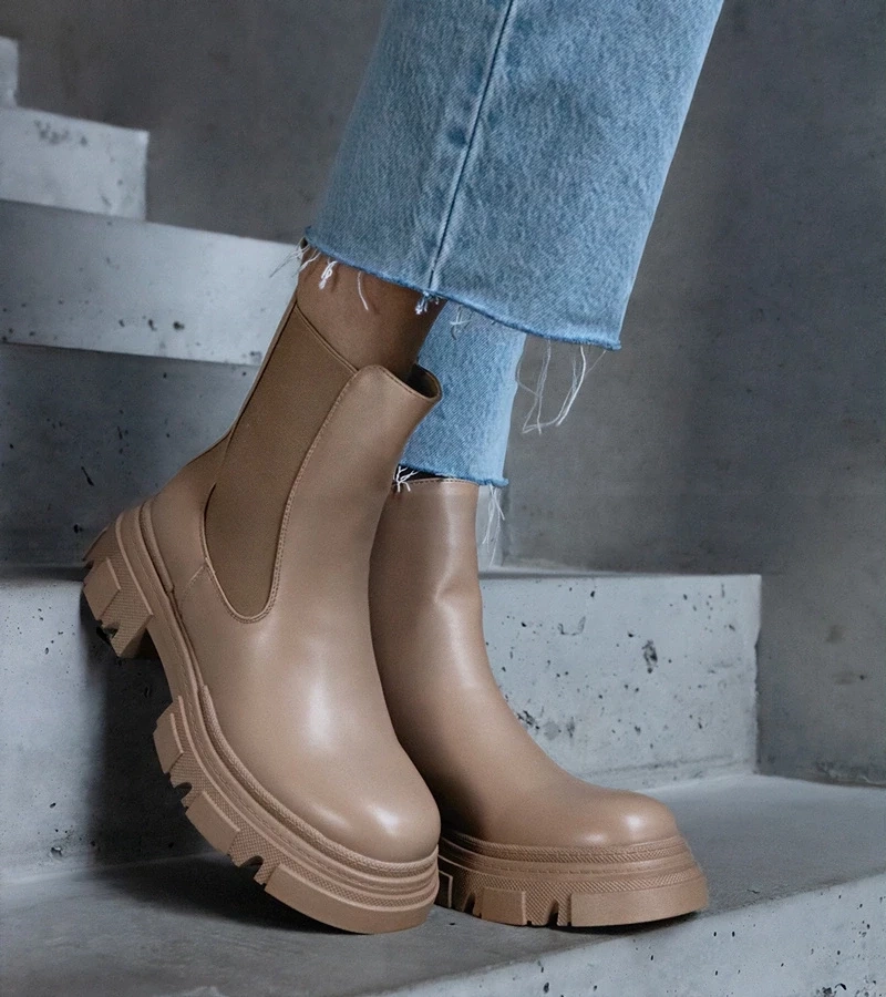 Gemre Botine bej îmblănite cu fermoar piele ecologică Amaris