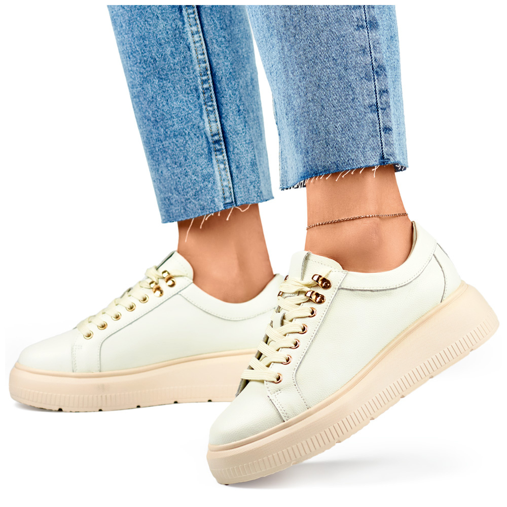 primohurt Beżowe skórzane buty damskie wiązane na platformie