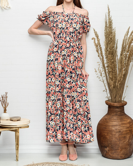 Resti Long navy blue women's dress with coral flowers - Clothing