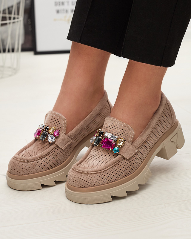 Resti Light brown openwork women&#039;s moccasins with ornament Bokkso- Footwear